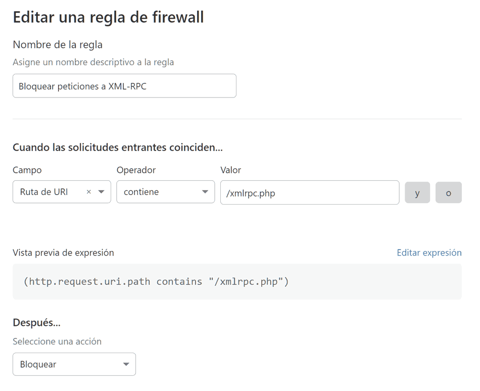 Regla Cloudflare bloquear peticiones XML-RPC