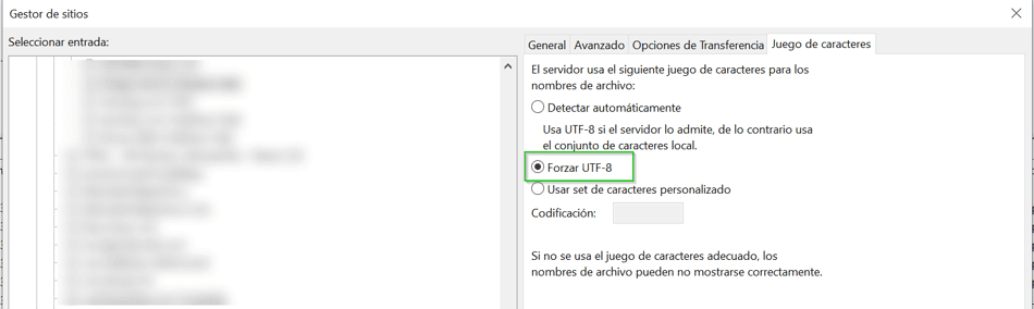 FileZilla forzar UTF-8