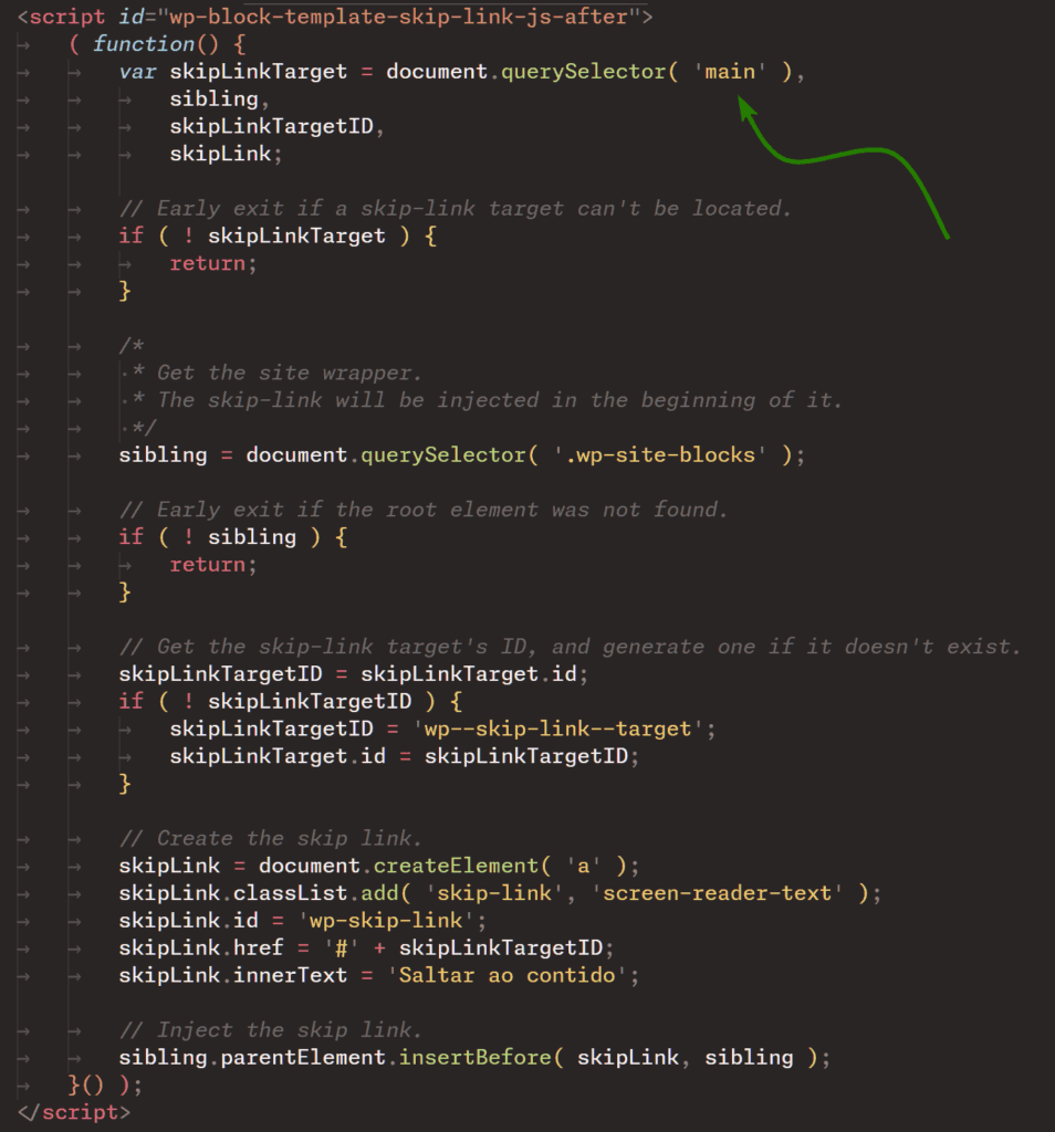 Skip link taget script code