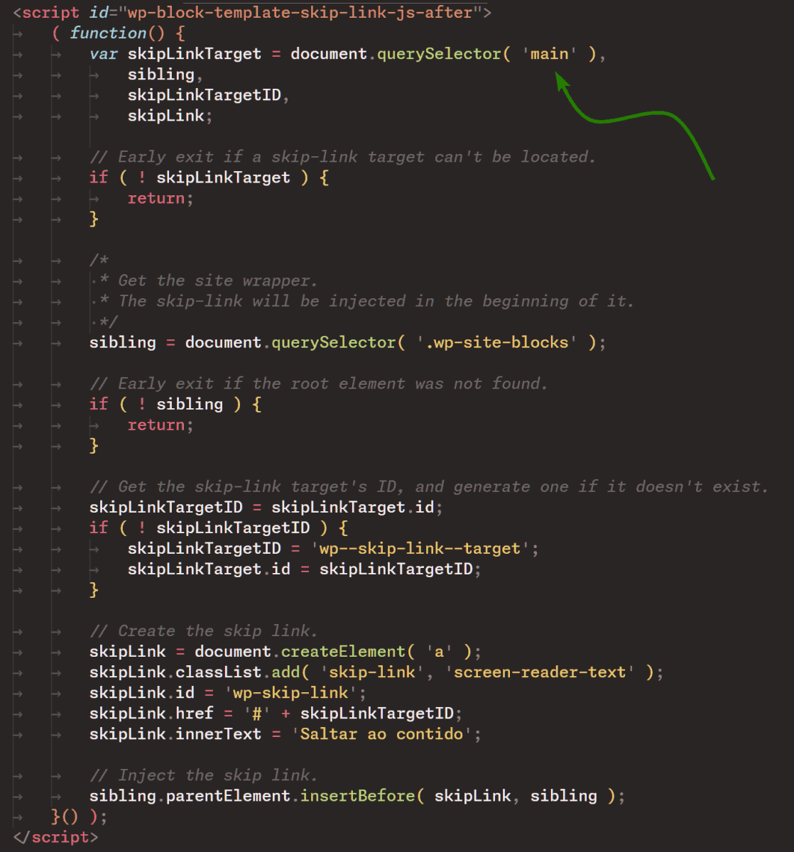 Skip link taget script code